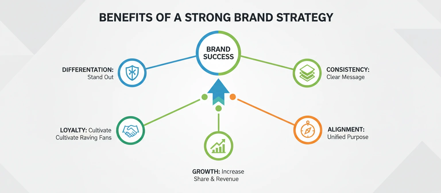 Infographic showing benefits of brand strategy including differentiation, loyalty, consistency, alignment, and growth