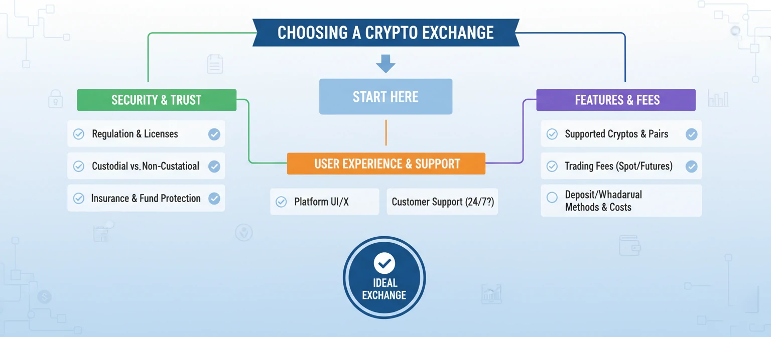 Infographic showing decision-making factors for choosing a crypto exchange