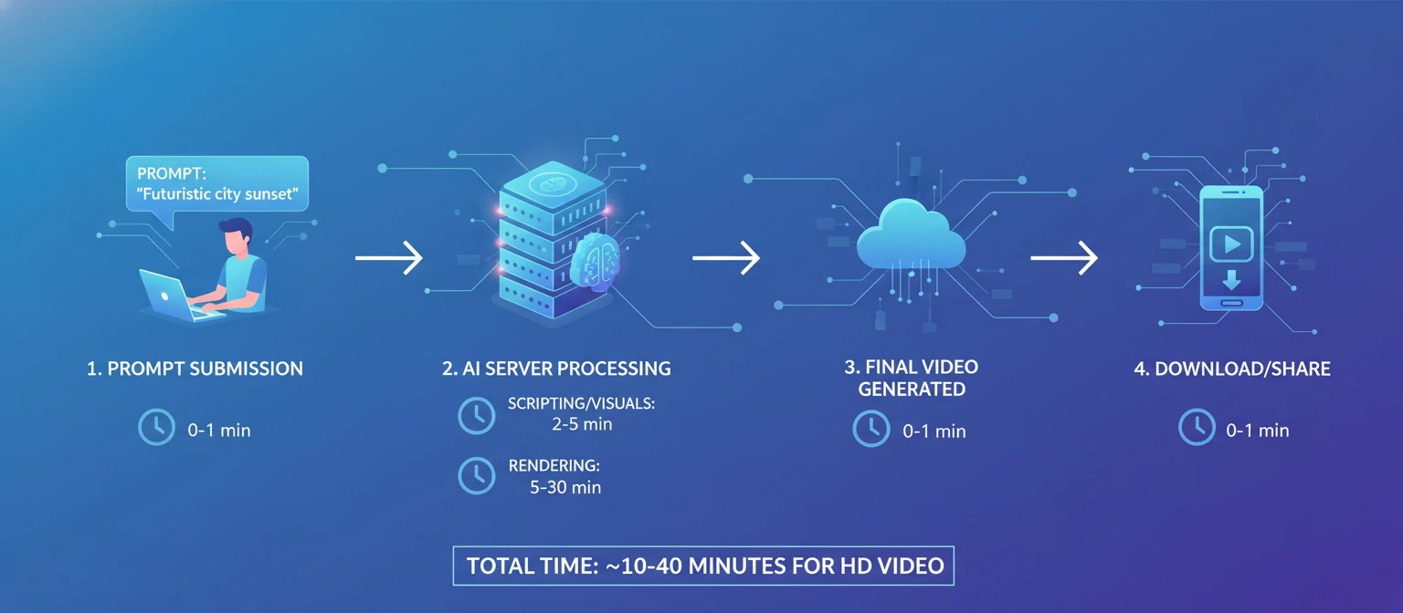Infographic showing the AI video generation pipeline from prompt submission through server processing to final download