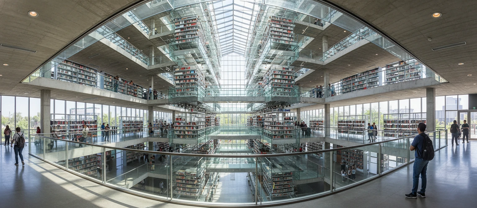 Interior of Biblioteca Vasconcelos showing transparent floating bookshelves and dramatic architecture~1