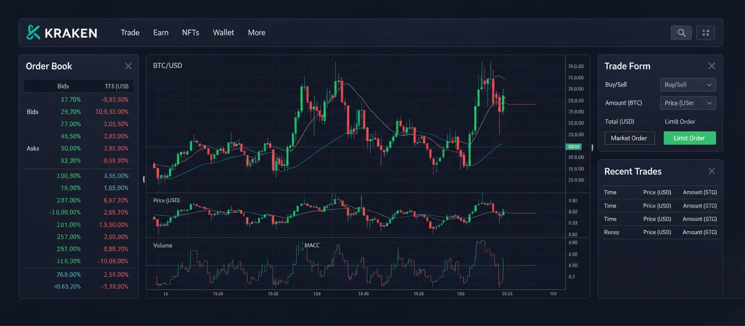 Kraken trading platform interface with charts and order books