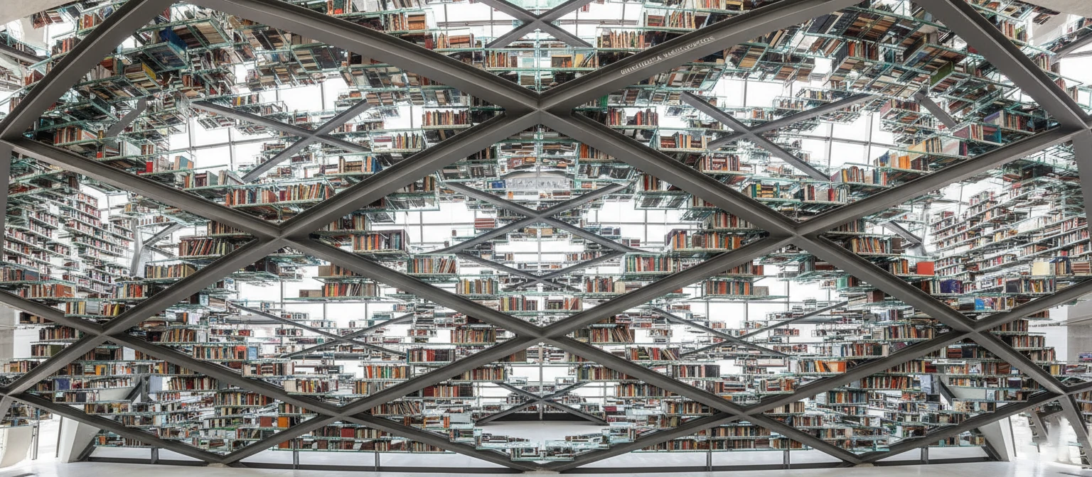 Looking up at Biblioteca Vasconcelos transparent bookshelves and steel structure~1