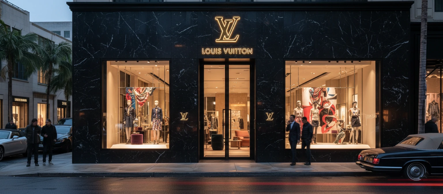 Luxury fashion brand storefront with iconic logo signage