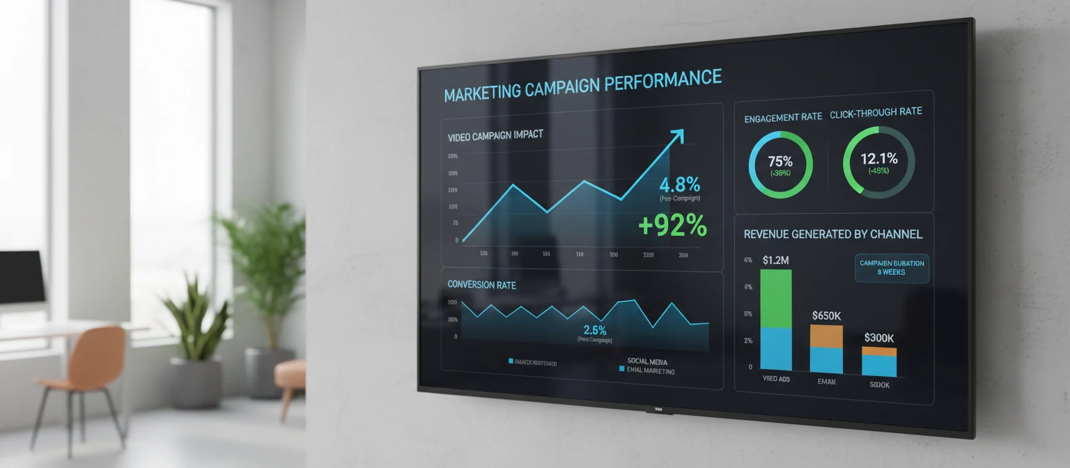 Marketing dashboard showing KPI improvements after video campaign implementation