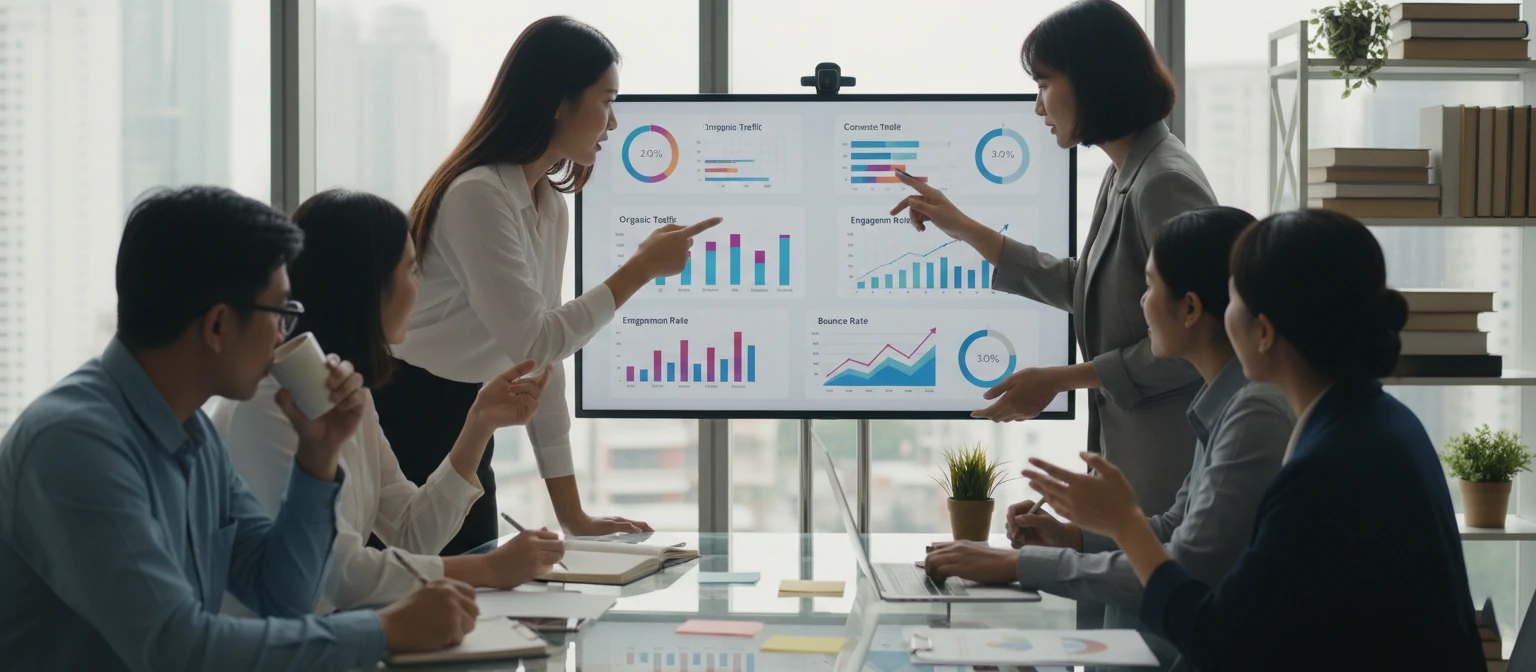 Marketing professionals reviewing content performance results