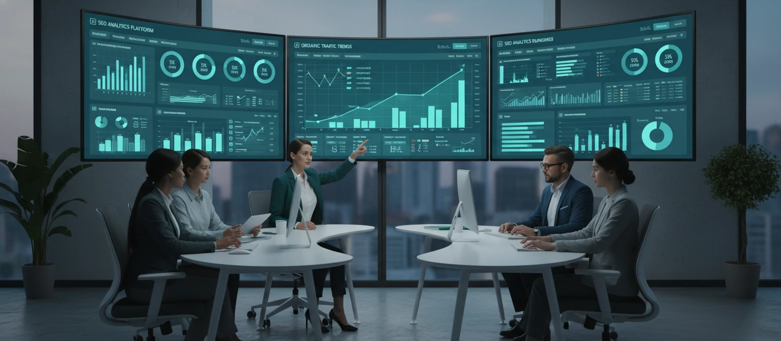 Modern B2B marketing team analyzing organic search data on large dashboard screens