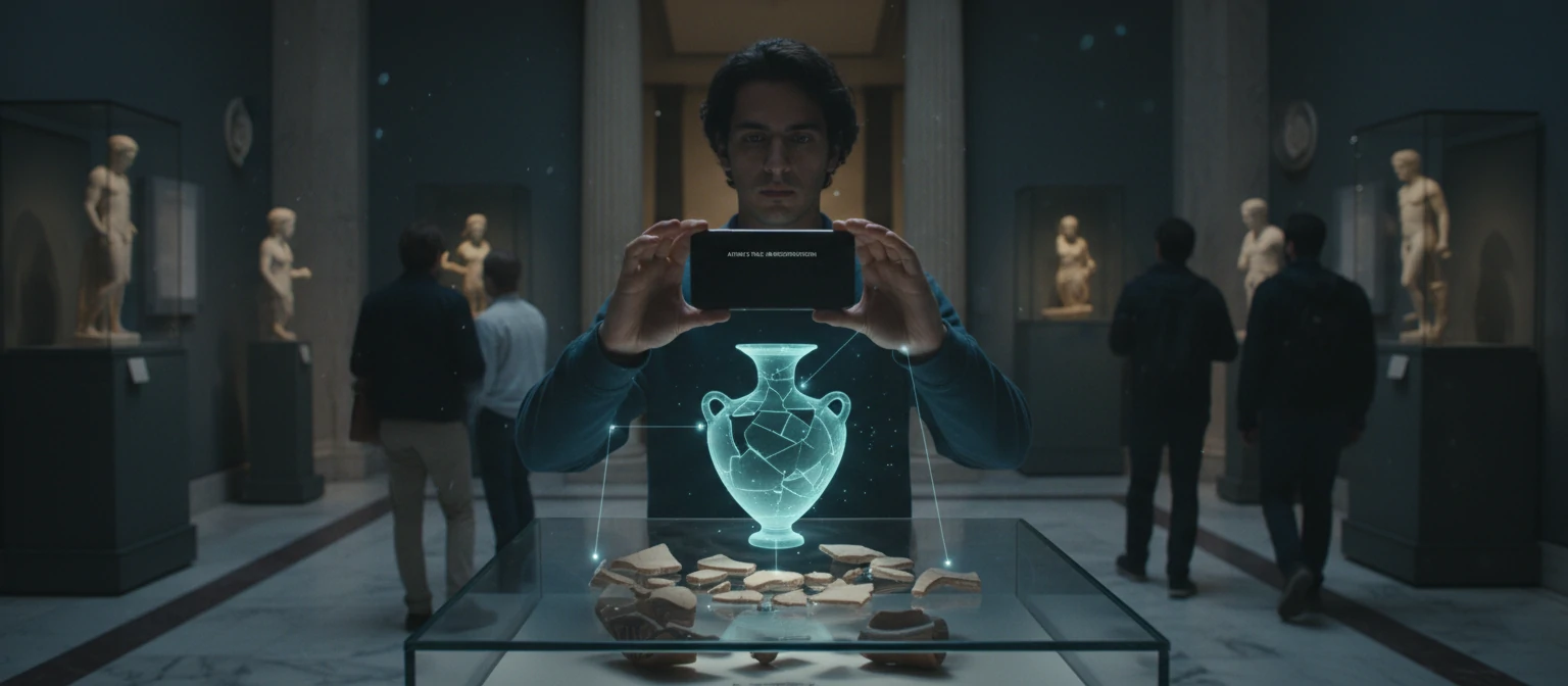 Museum visitor using smartphone to view AR reconstruction of an ancient artifact
