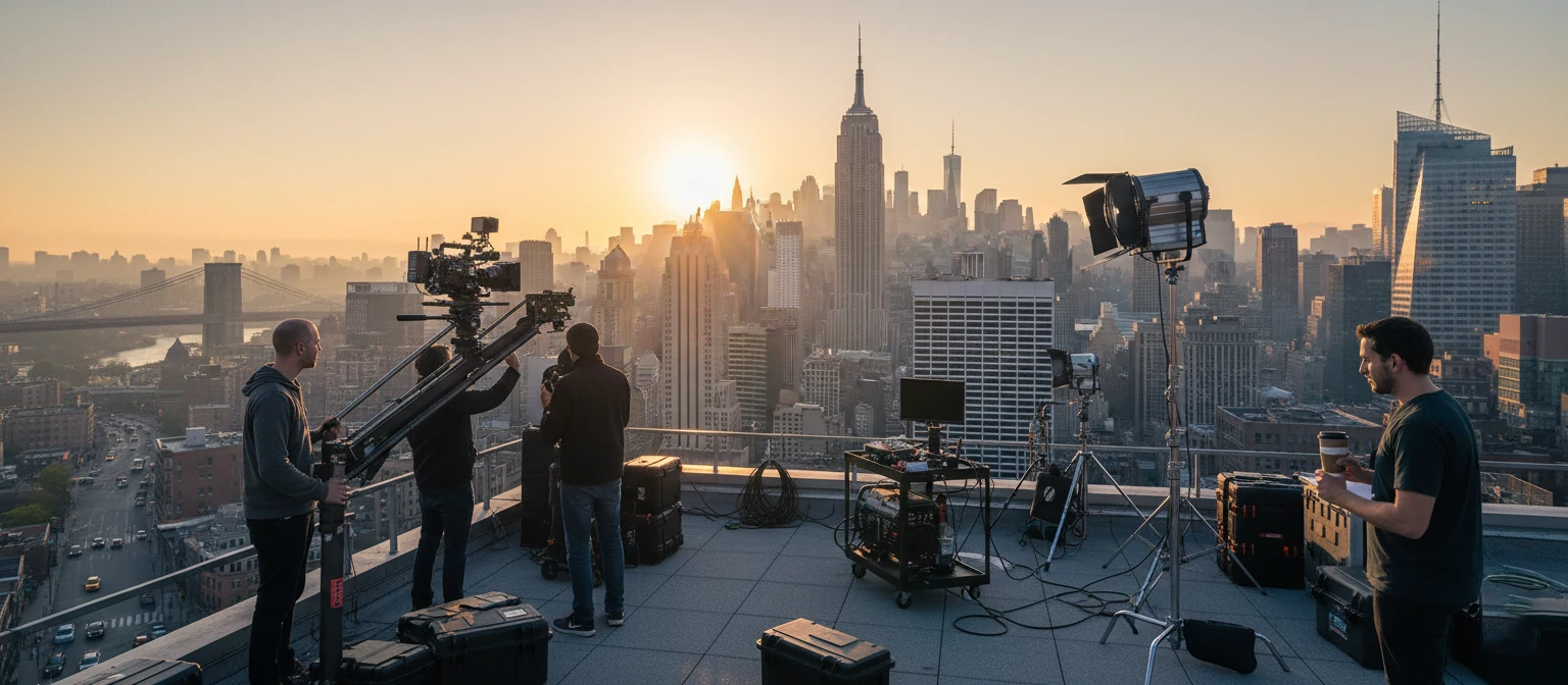 NYC Skyline with video production crew setting up equipment