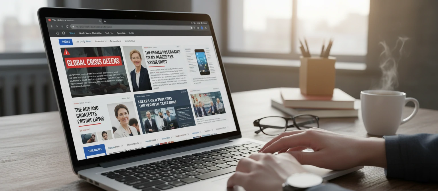 Online media coverage and digital journalism on laptop