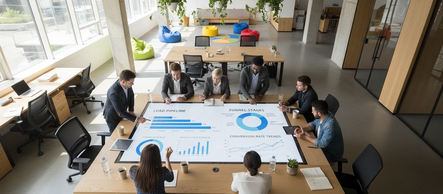 Overhead view of a modern marketing team collaborating around a large digital dashboard