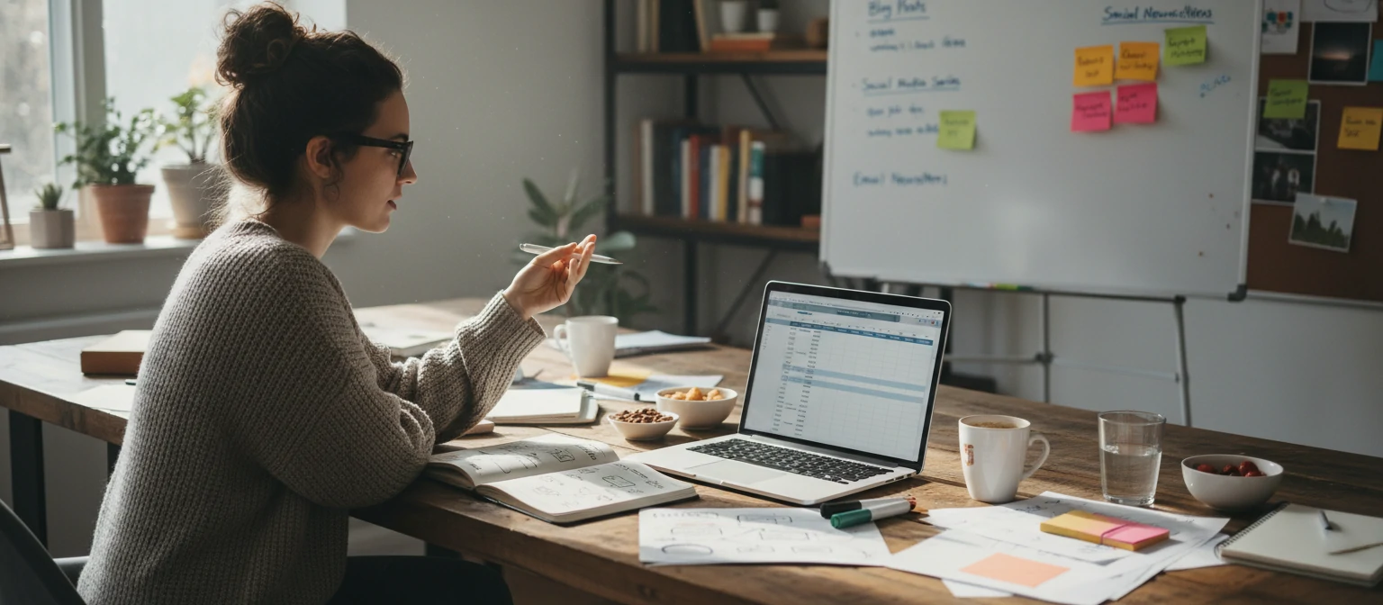 Person planning content templates with notes and laptop