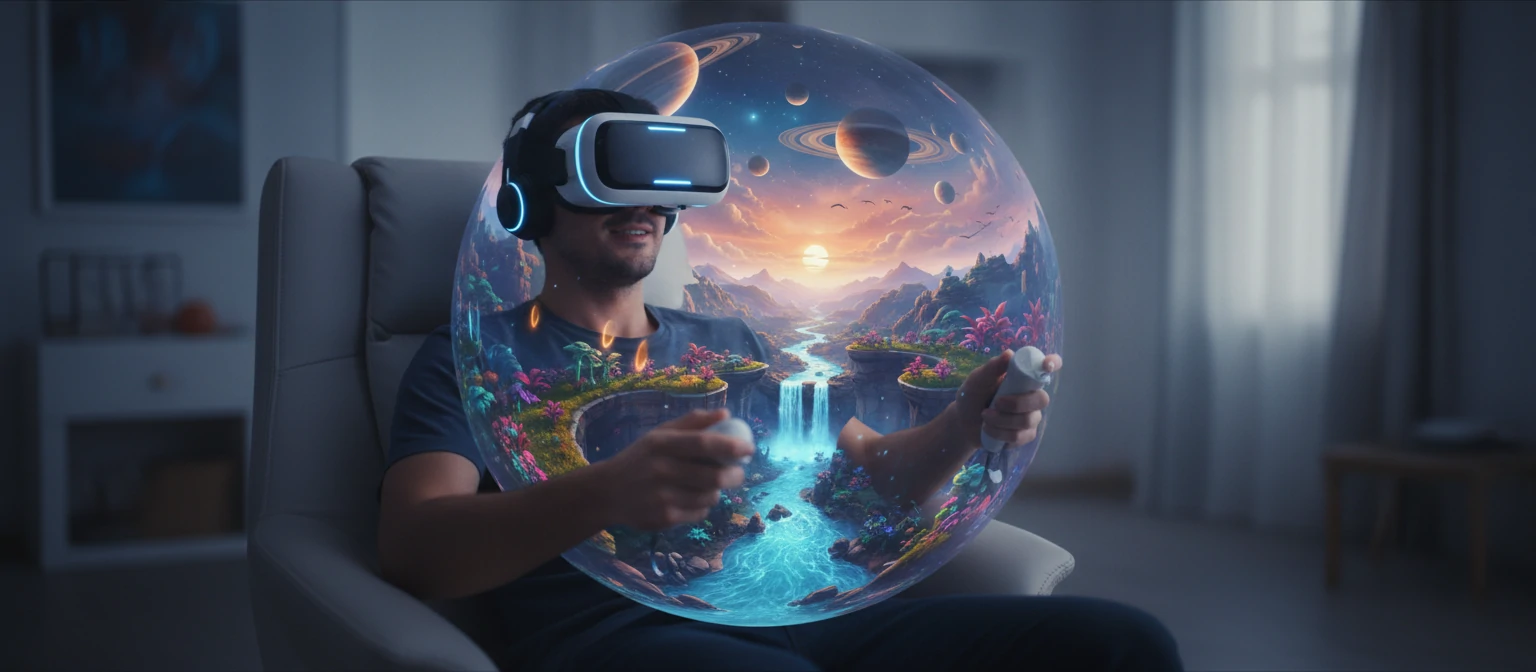 Person using VR headset experiencing immersive 360-degree video content