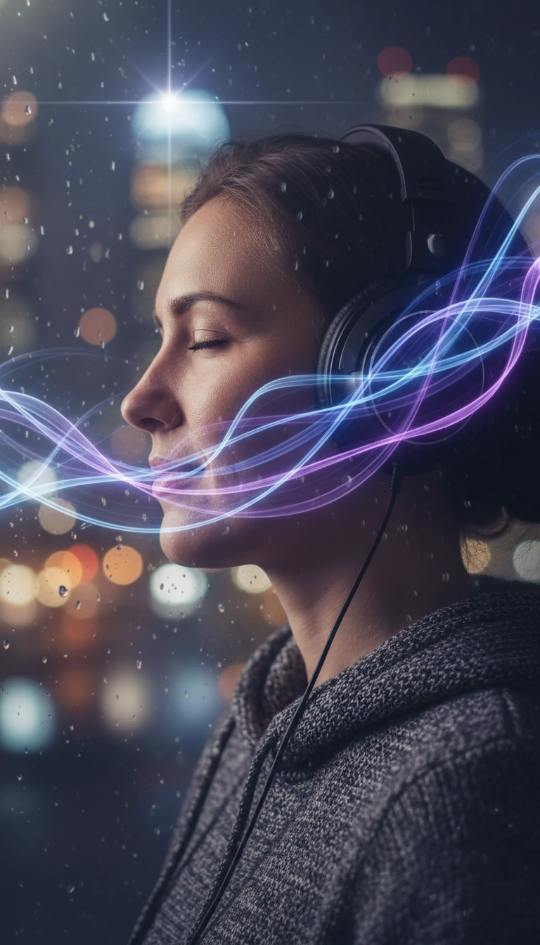 Person wearing headphones with sound waves visualization
