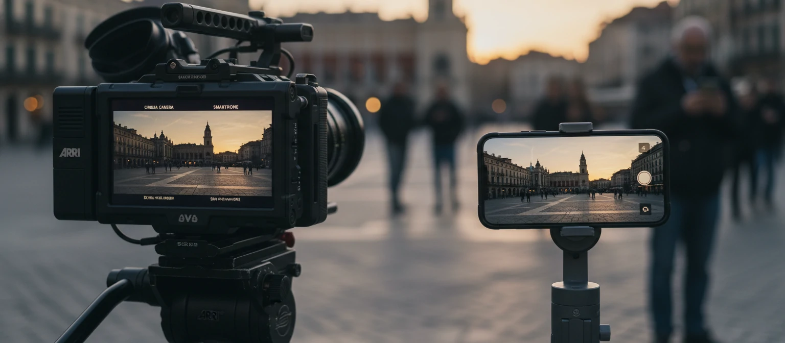 Professional cinema camera next to smartphone showing quality difference in video production