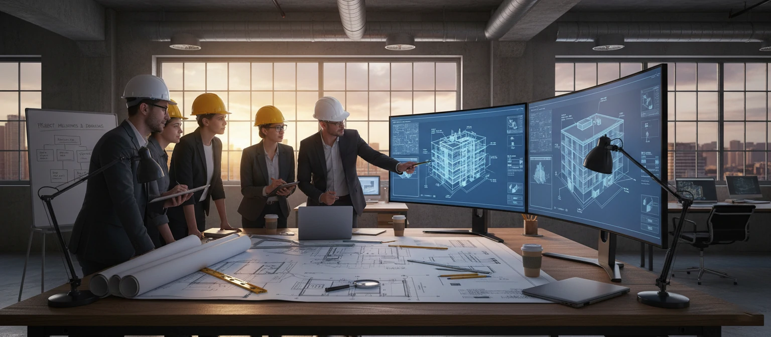 Professional drafting team reviewing construction documents on large monitors with physical blueprints spread on adjacent table
