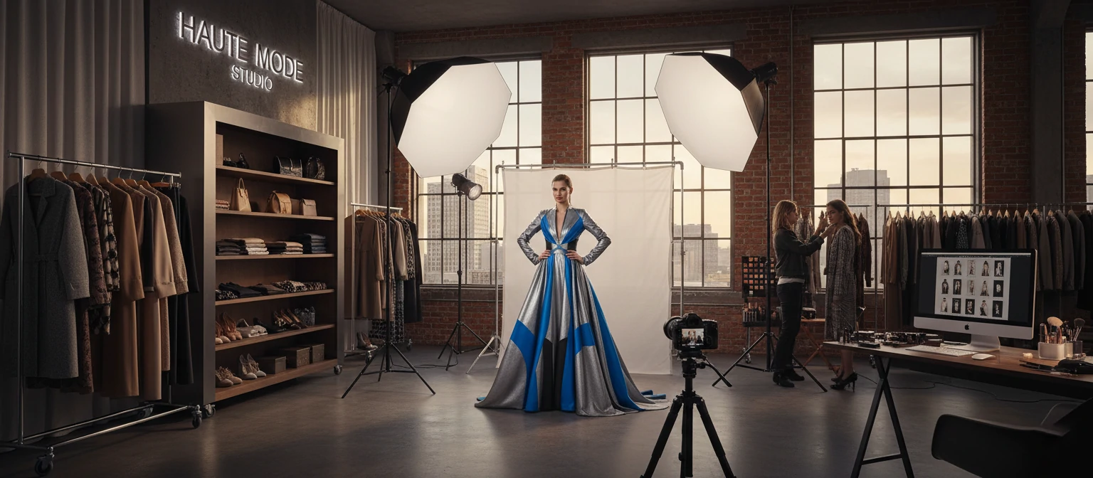 Professional fashion photography studio with clothing display