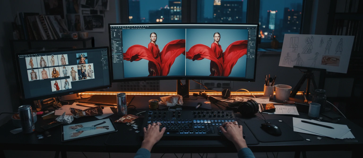 Professional photo editing workspace with fashion images