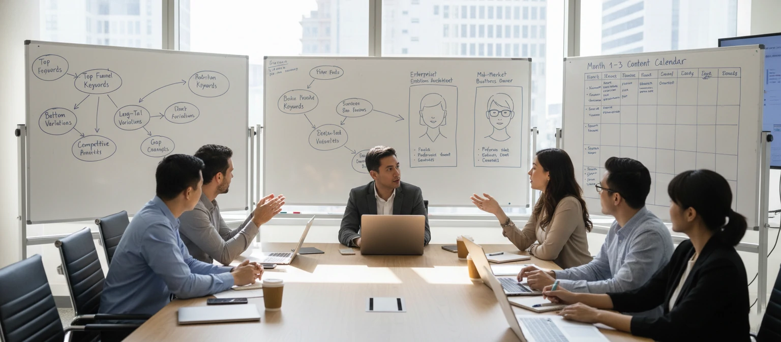 Professional scene showing a B2B company's marketing team in a strategy session with their SEO agency partners