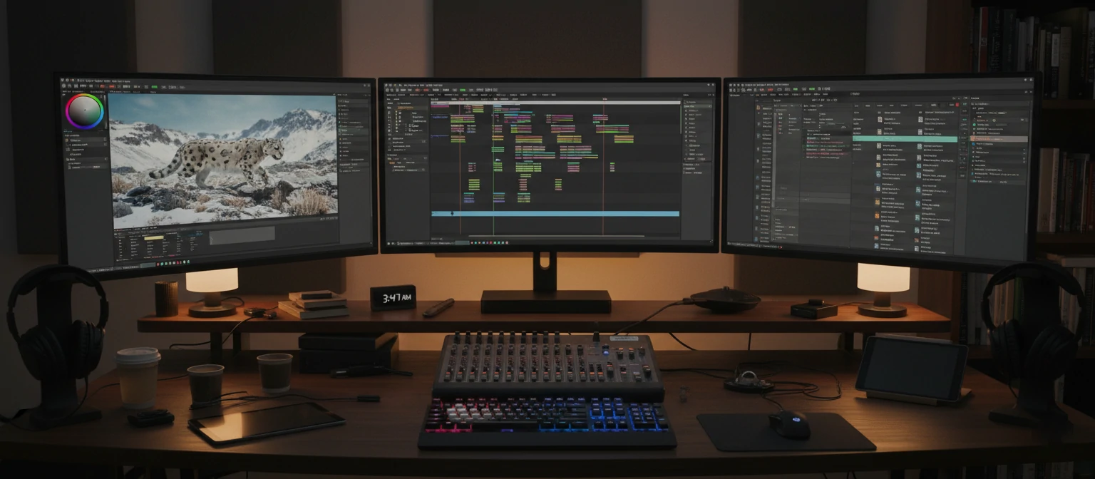 Professional video editing workspace with multiple monitors