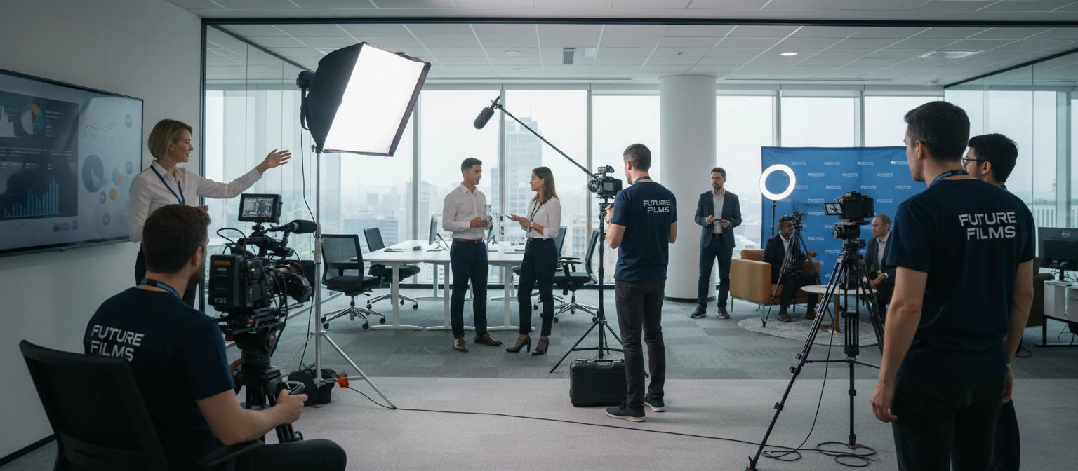 Professional video production crew filming different types of corporate content