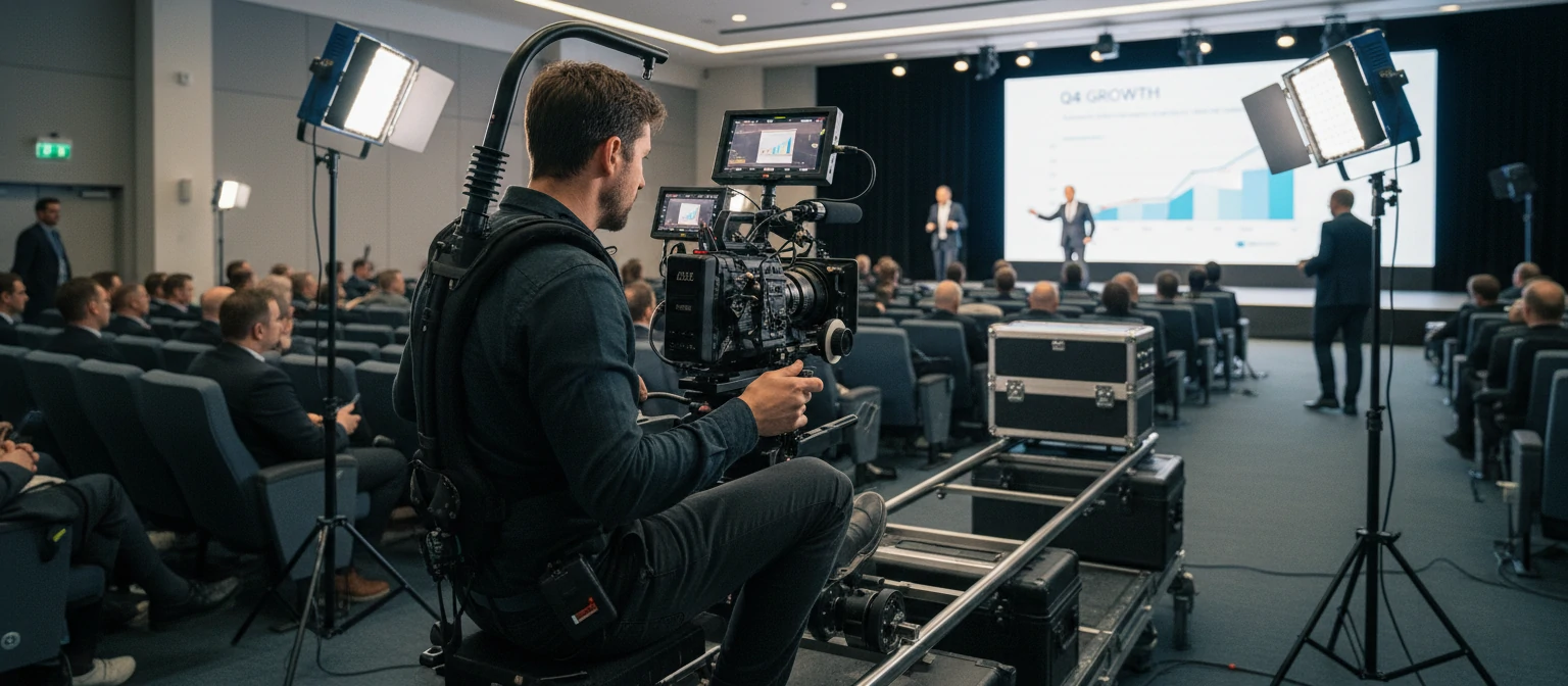 Professional videographer filming a corporate presentation with cinema camera equipment