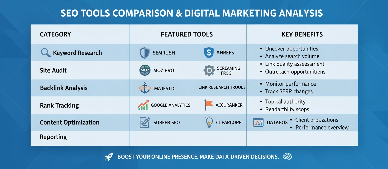 SEO tools comparison and digital marketing analysis