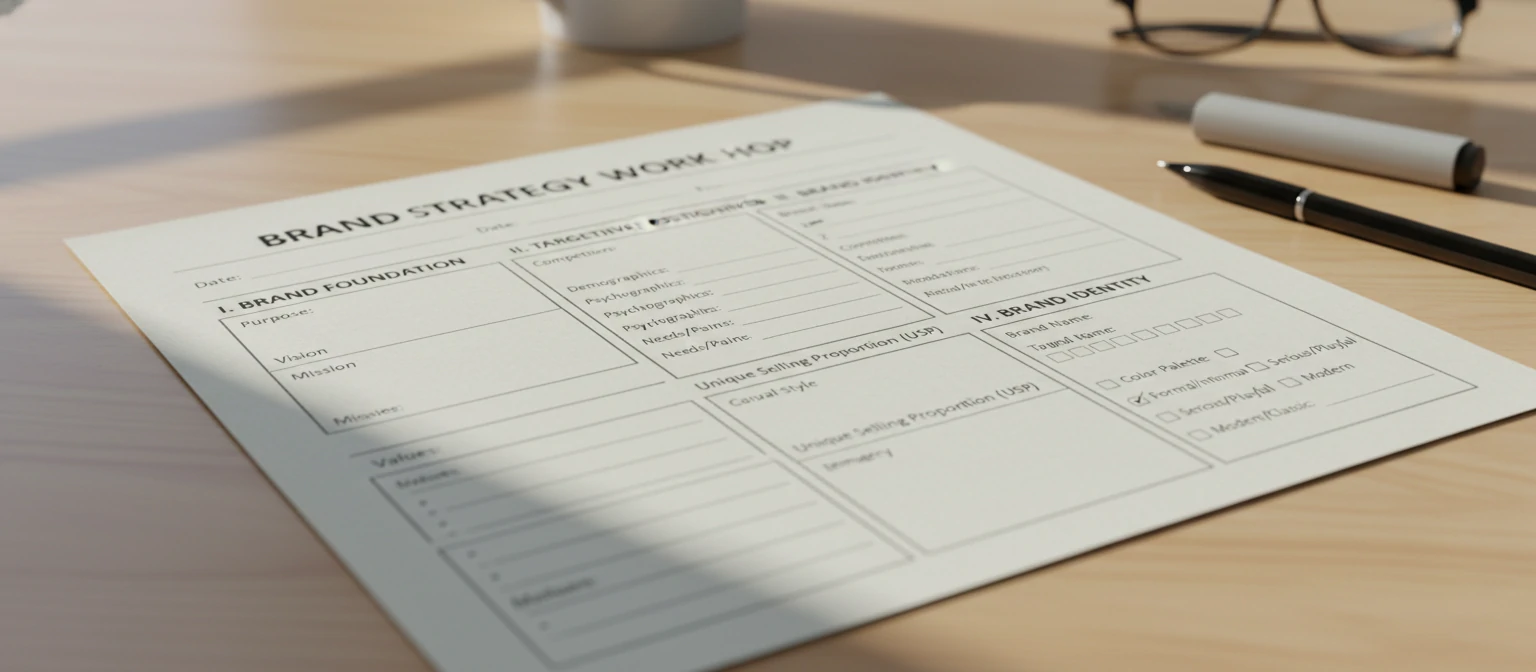 Sample brand strategy worksheet showing different sections and fillable fields