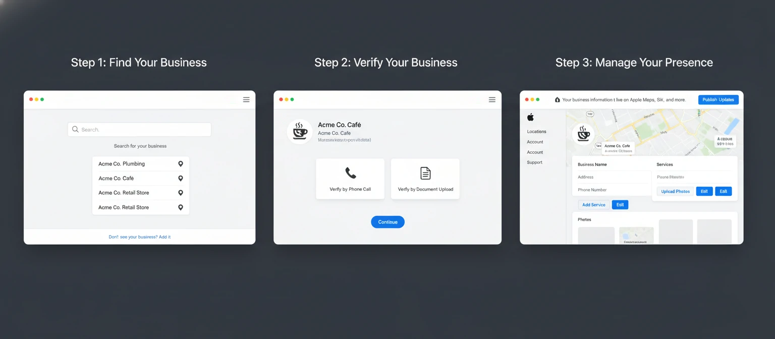Setup Process Screenshot Suggestion Screenshot of the Apple Business Connect dashboard interface showing the setup process