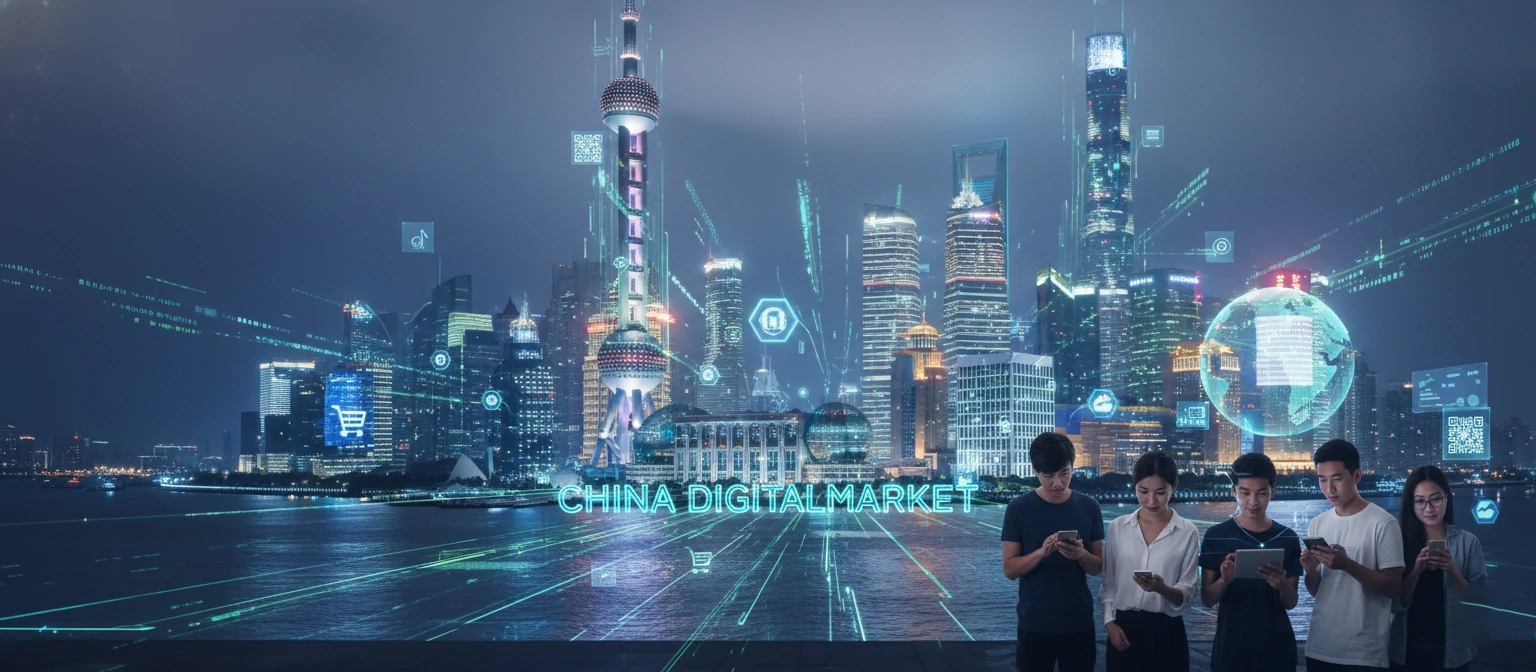 Shanghai skyline at night representing China digital market