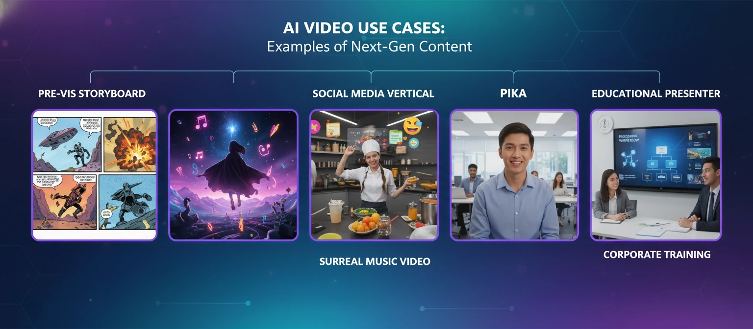 Showcase grid showing examples of AI video use cases