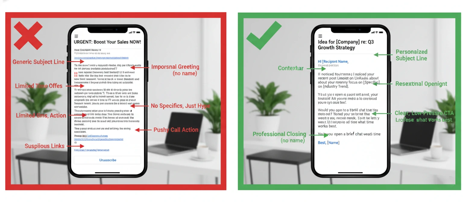 Side-by-side comparison a generic spam-like cold email