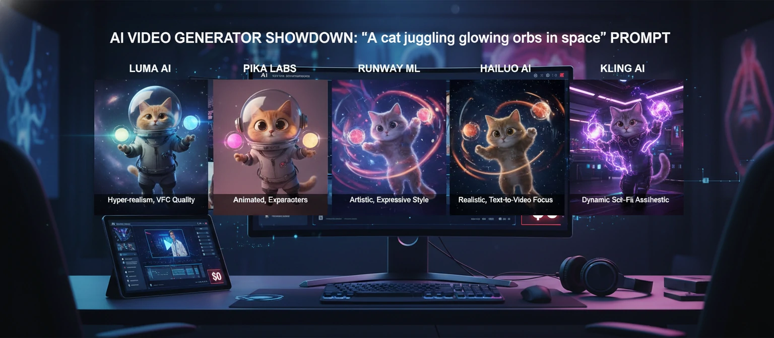 Side-by-side comparison grid showing the same prompt generated by Luma, Pika, Runway, Hailuo, and Kling