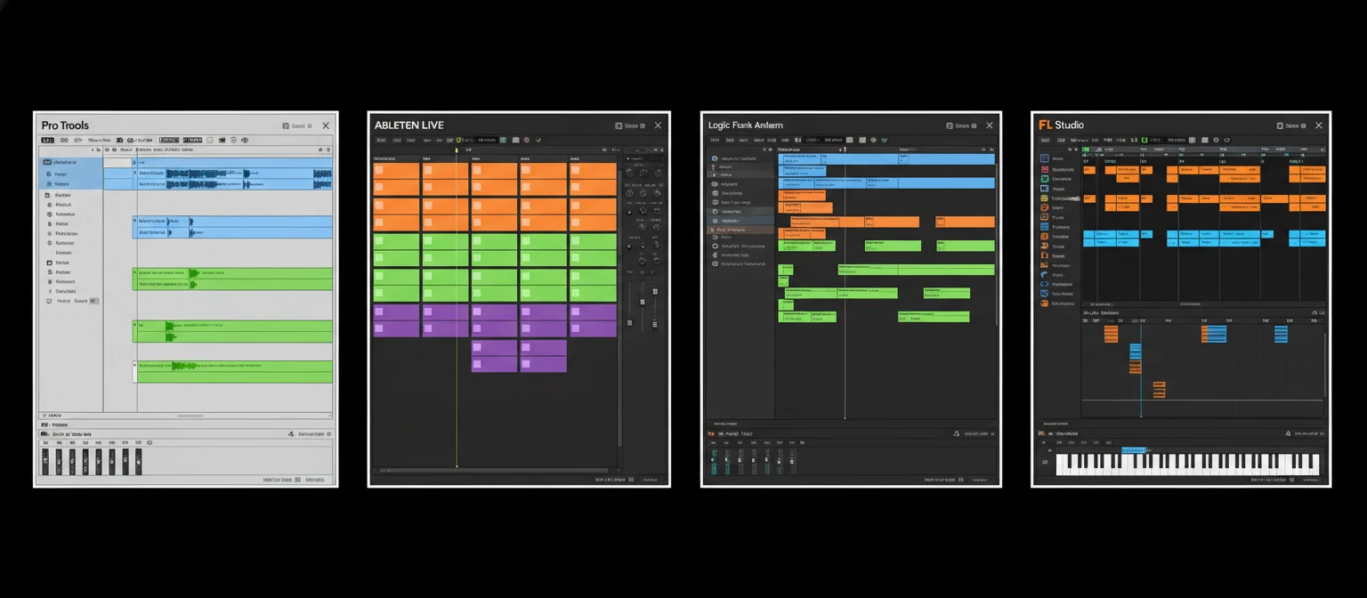 Side-by-side screenshots showing different DAW interfaces - Pro Tools arrange window
