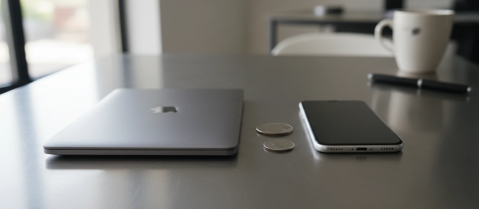 Side-by-side thickness comparison showing an ultraportable laptop next to everyday objects for scale