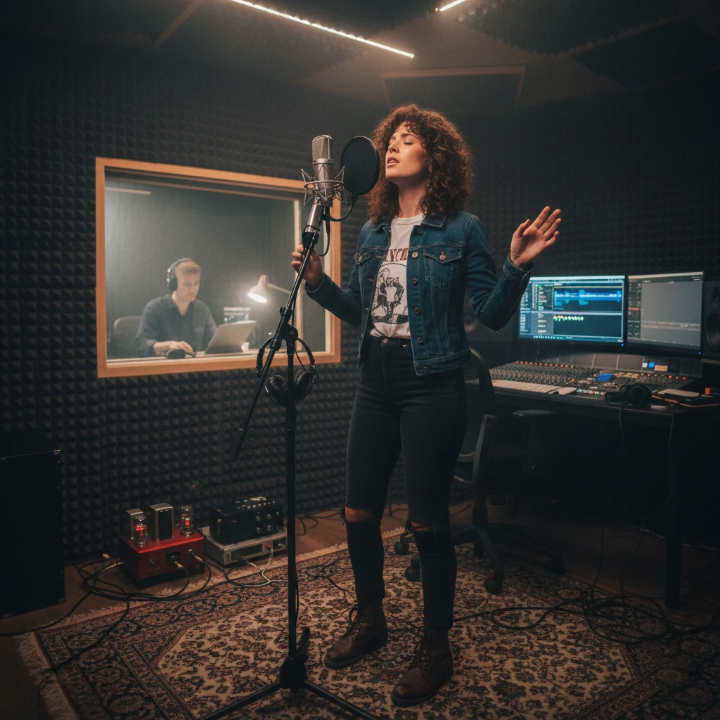 Singer performing in a studio with microphone