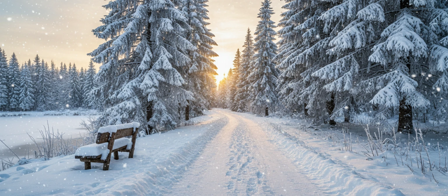 Snowy winter landscape with evergreen trees for outdoor Christmas photos