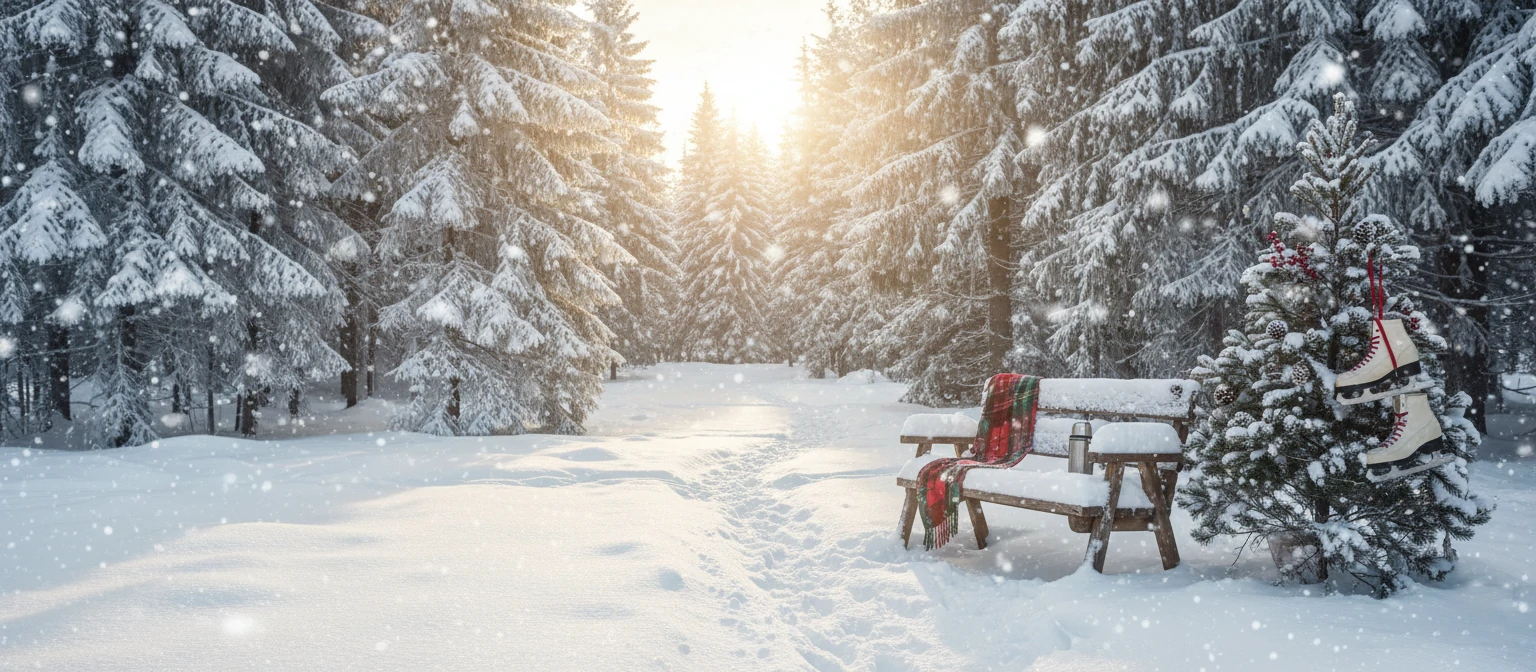 Snowy winter landscape with evergreen trees perfect for outdoor Christmas photos