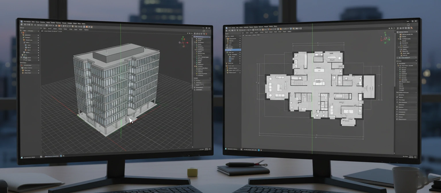 Split screen showing BIM software interface with 3D building model on one side and automatically generated floor plan on the other