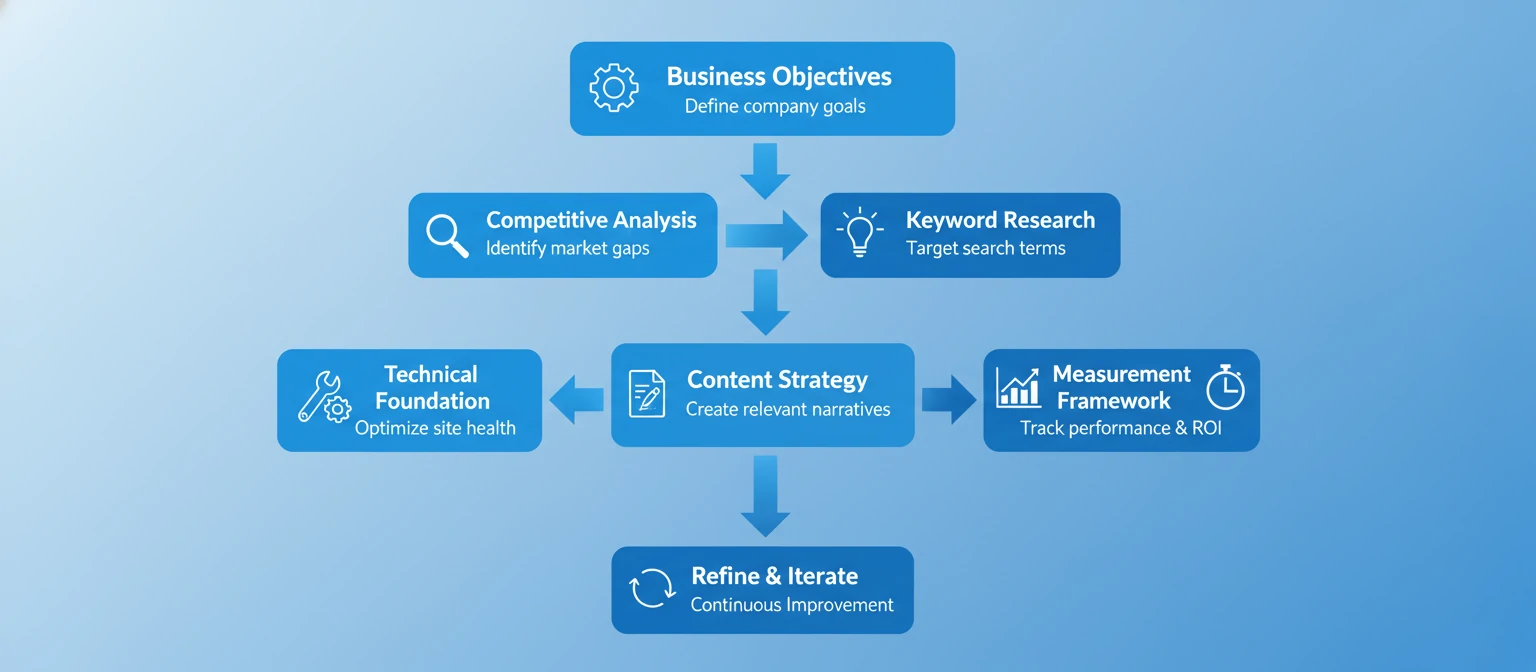 Strategic planning infographic showing the B2B SEO strategy development process