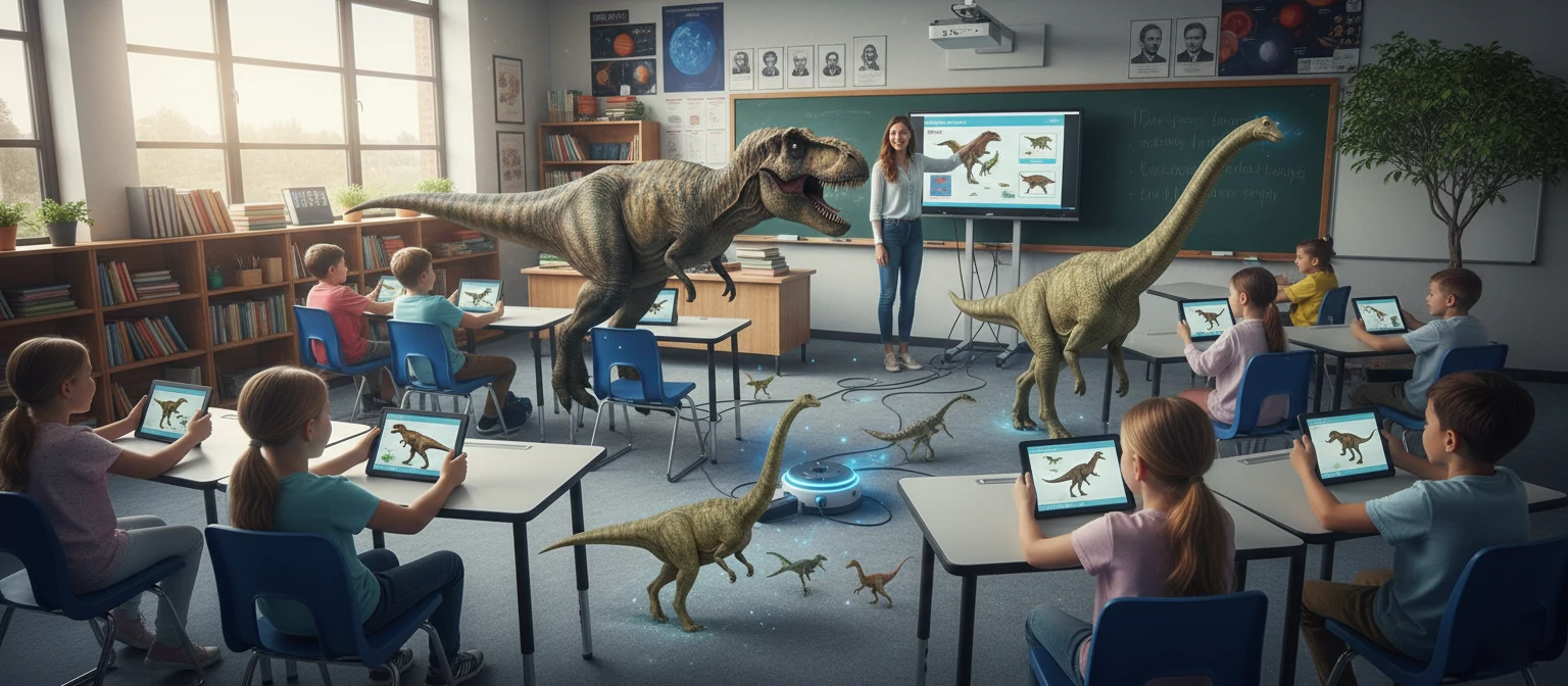 Students in a classroom using tablets to view AR dinosaur models walking through their classroom