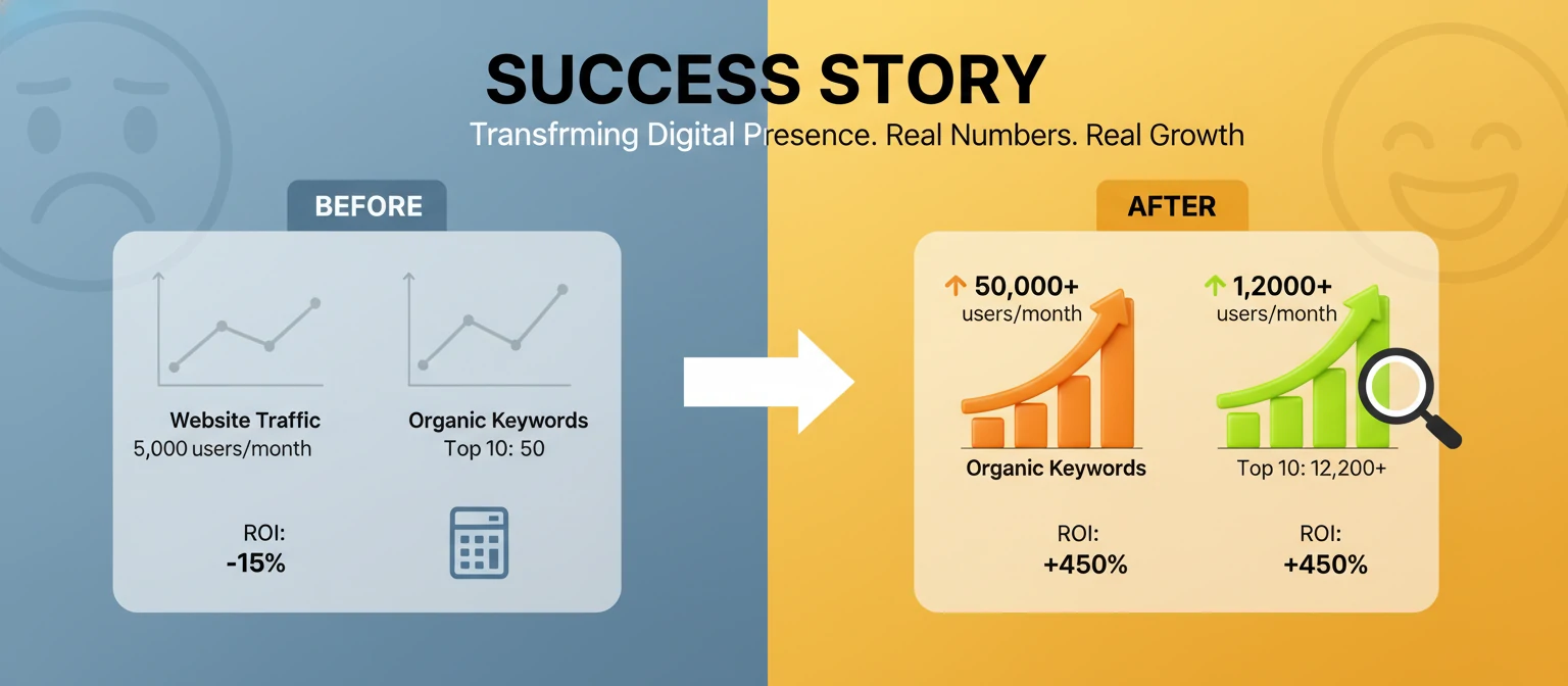 Success story visual showing before-after comparison traffic growth charts