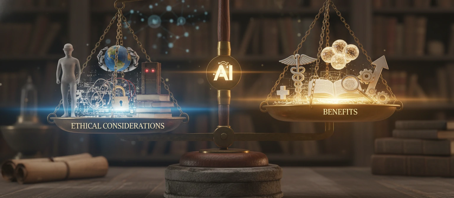 Symbolic representation of balancing AI benefits with ethical concerns