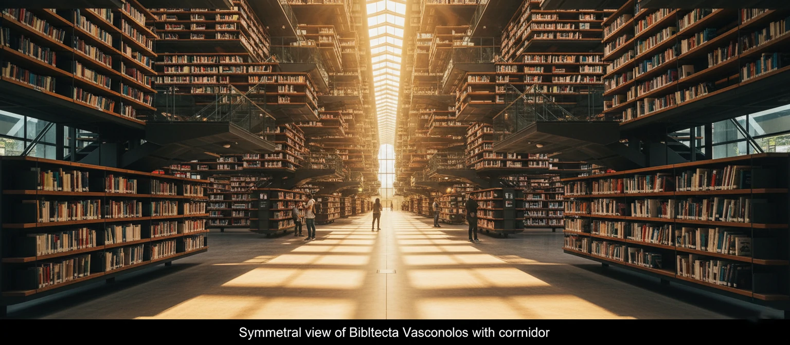 Symmetrical view of Biblioteca Vasconcelos main corridor with floating bookshelves~1