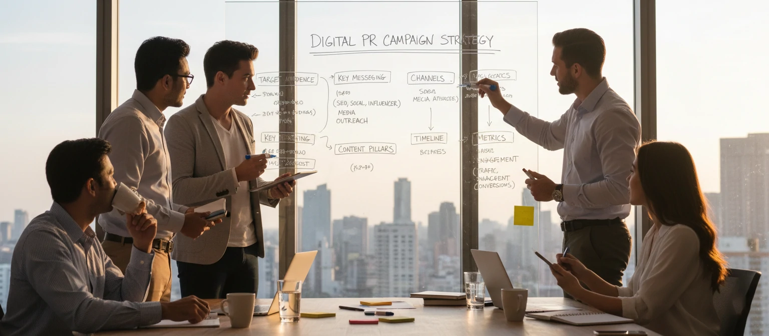 Team brainstorming digital PR campaign strategy on whiteboard