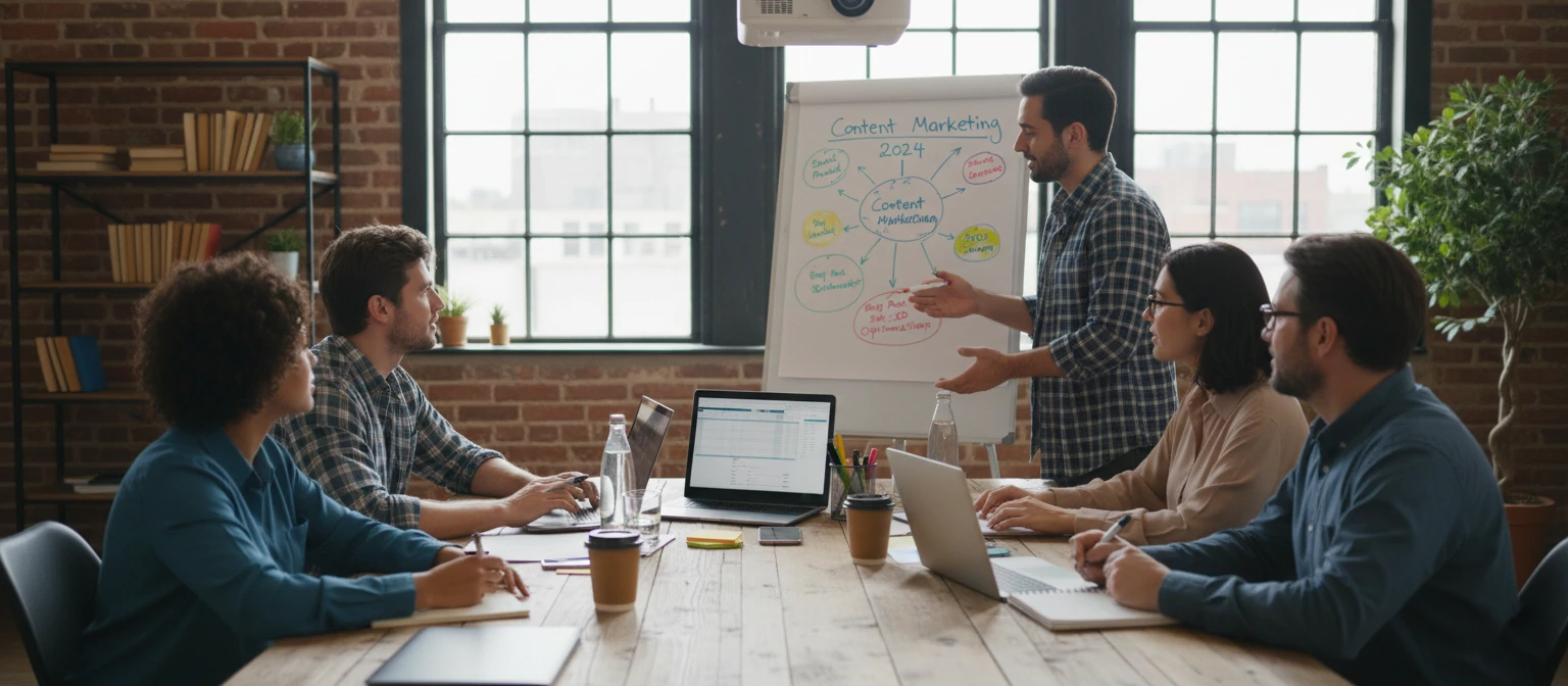 Team collaborating on content marketing strategy around a table