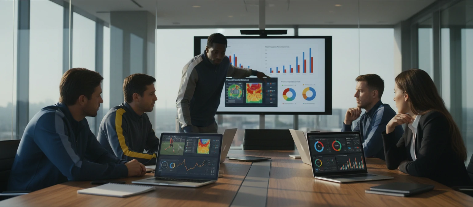 Team reviewing video analytics on laptop screens with performance charts