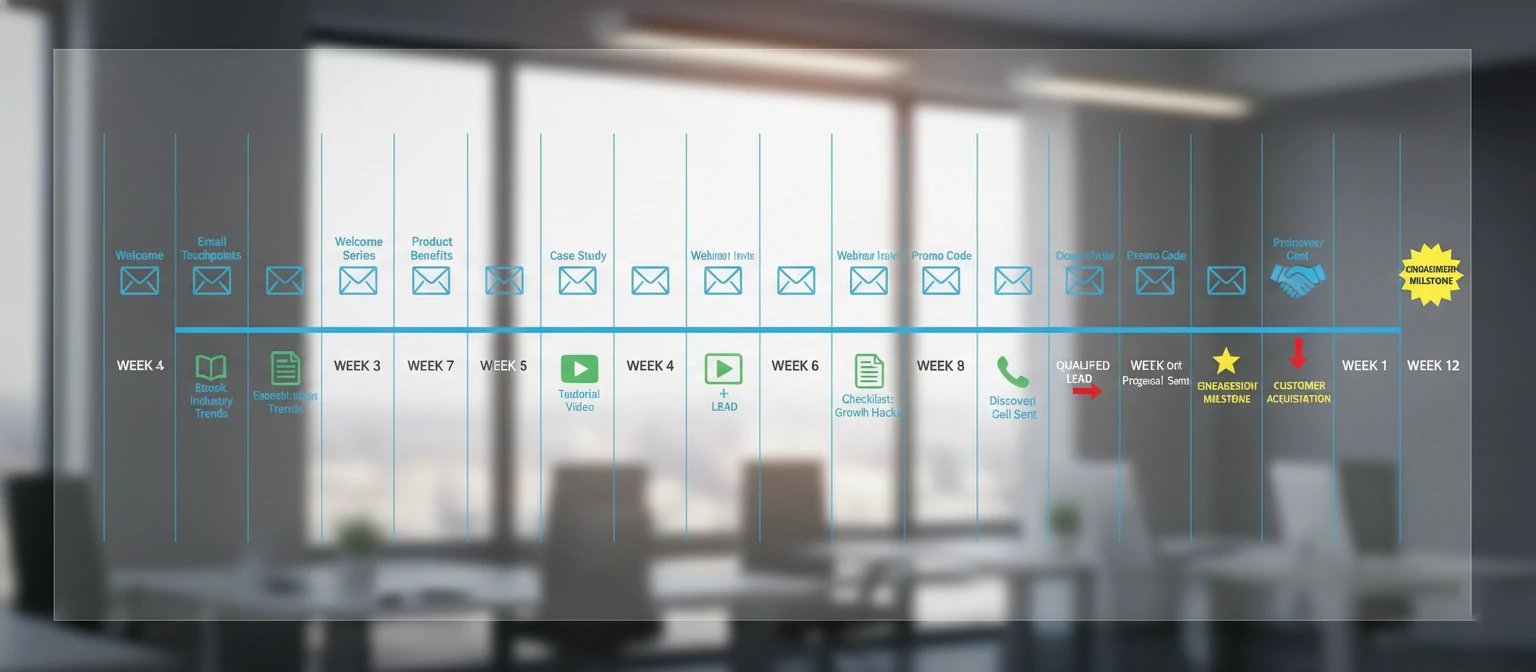 Timeline graphic showing a 12-week nurture sequence with email touchpoints