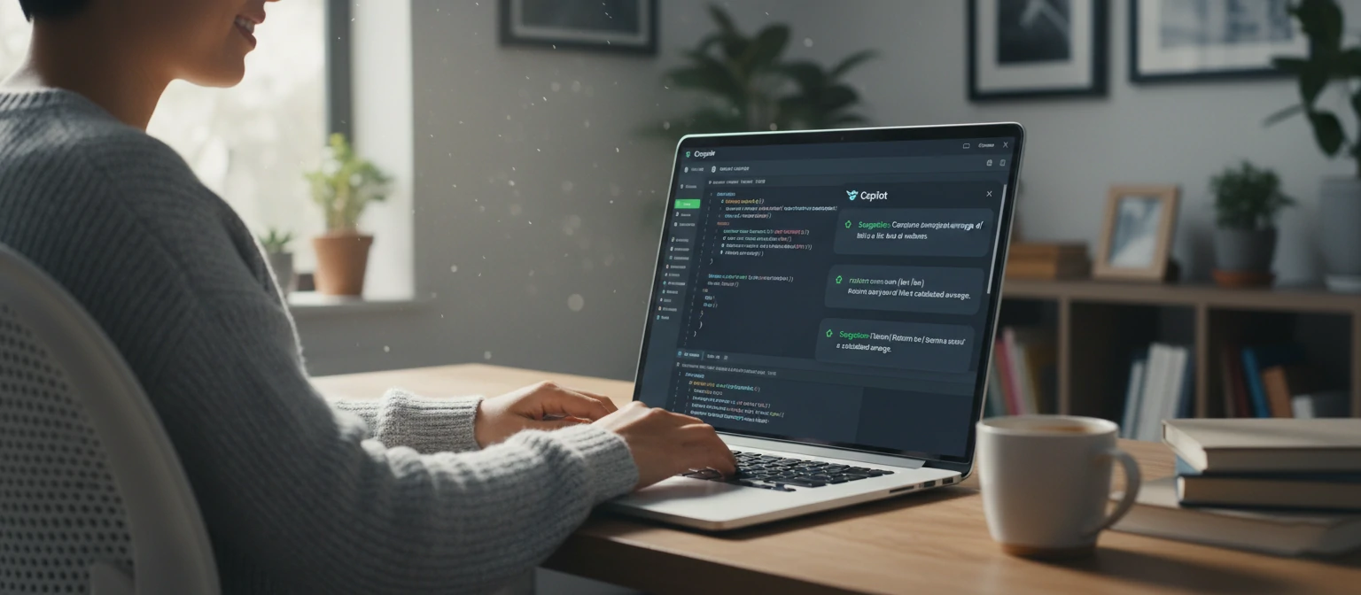 User working on laptop with Copilot interface visible, showing practical everyday use in a home office