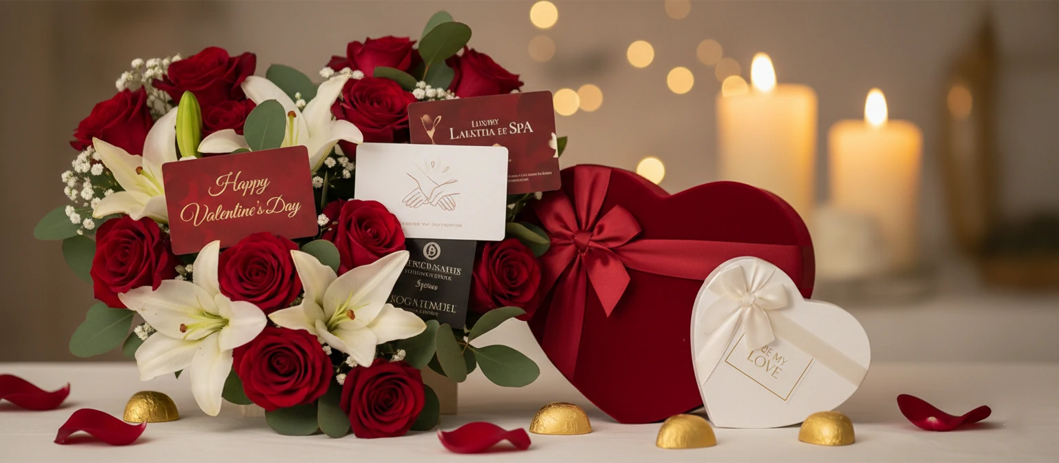 Valentine gifts with flowers, cards and heart-shaped presents