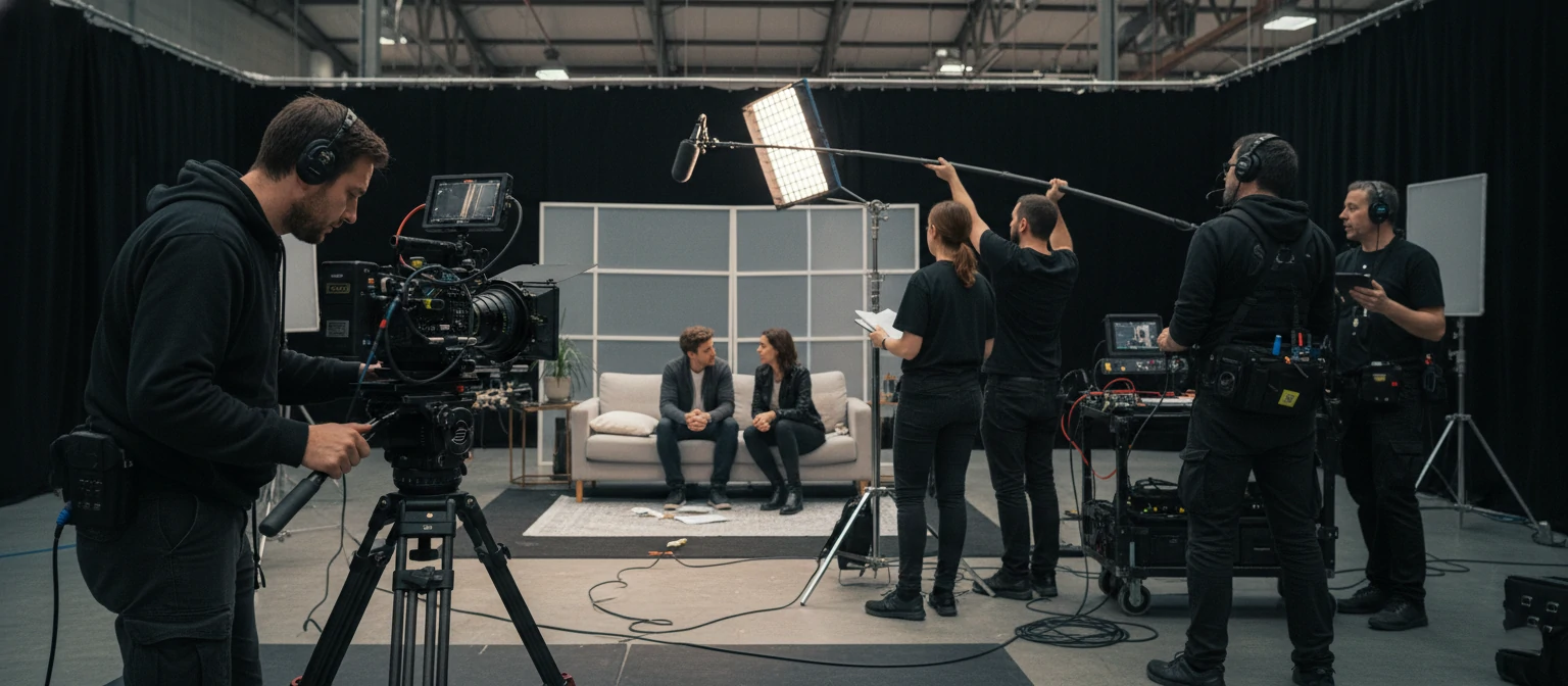 Video production equipment and crew on set with professional cinema camera